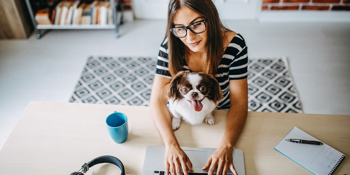 Woman with dog usung laptop